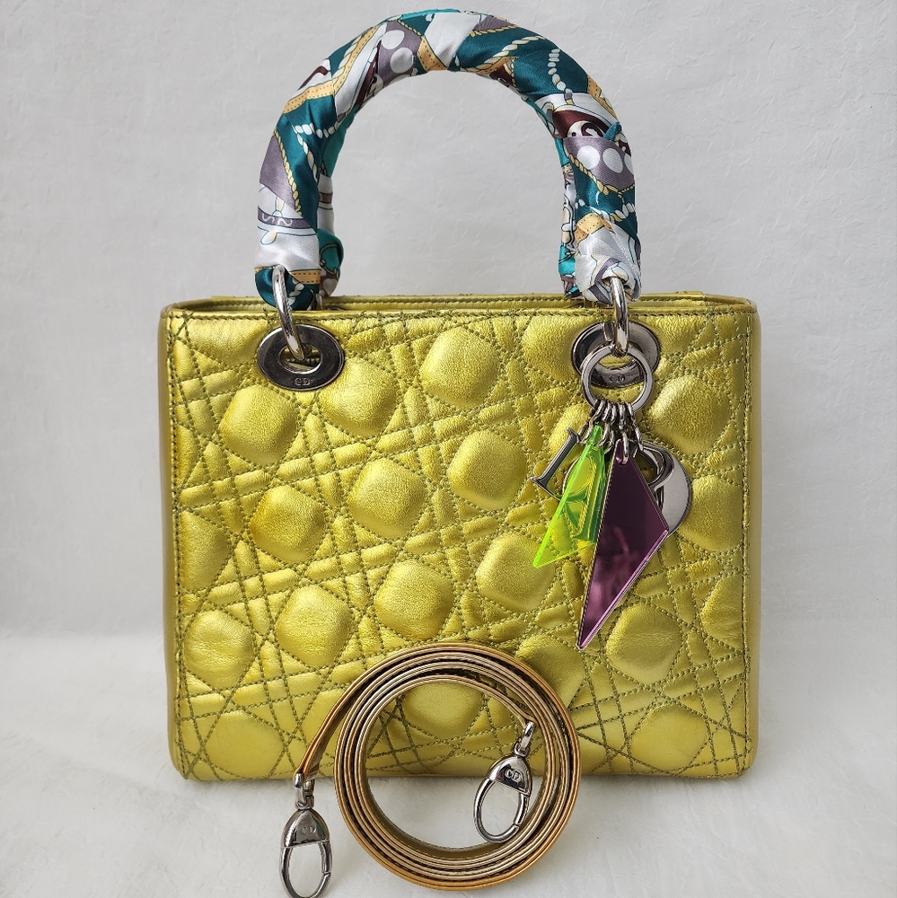Auth LMTD DIOR LADY DIOR X Anselm Reyle Metallic Lime Green Lambskin Medium Bag